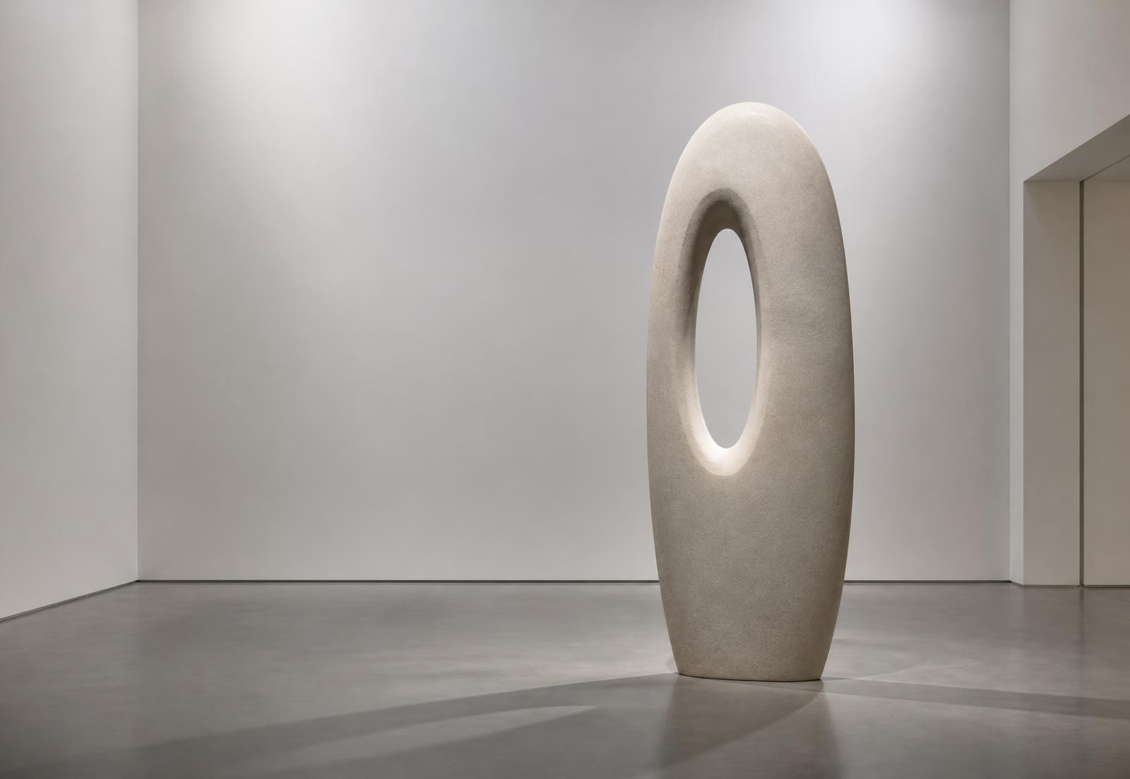 A pale stone form with an elliptical opening in an empty gallery